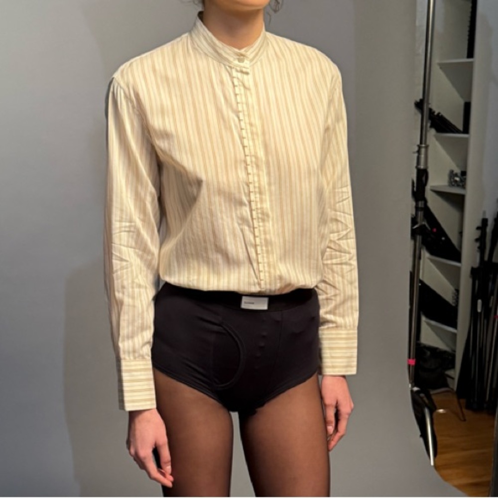 Striped Button-Up Shirt and Black Tights